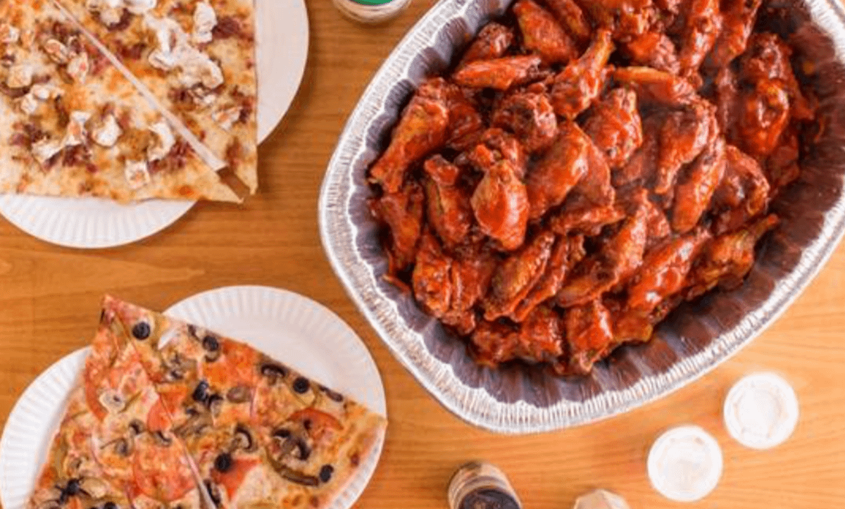 Mega Party-5 Lg Cheese Pizzas, 100 wings, two 2-liters of soda, and 2 orders of garlic knots.